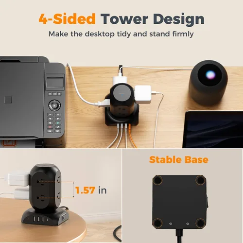 Vista 7 de Protector de sobretensiones negro en torre, TESSAN - Cable de extensión con enchufe plano de 10 pies con 8 salidas de CA y 4 puertos USB (1 USB C)