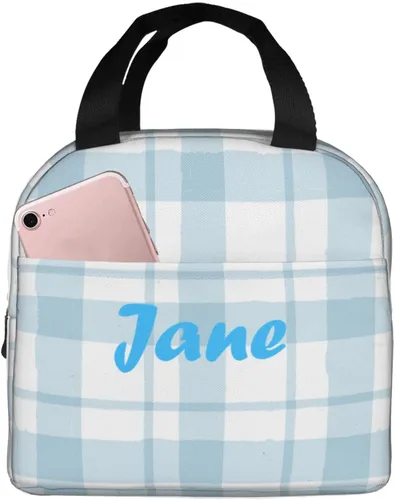 Vista 13 de Lonchera con diseño a cuadros azules aislada, bolsa térmica para almuerzo para adultos, niños, niñas, mujeres, oficina, trabajo, escuela, picnic