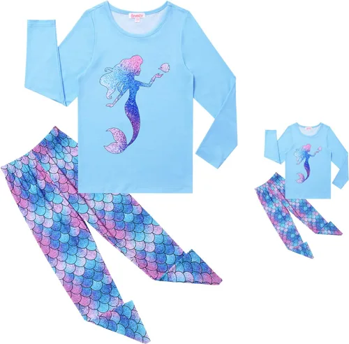 Vista 29 de QPANCY Conjunto de pijamas a juego para niñas y muñecas, pijamas de manga larga para otoño e invierno