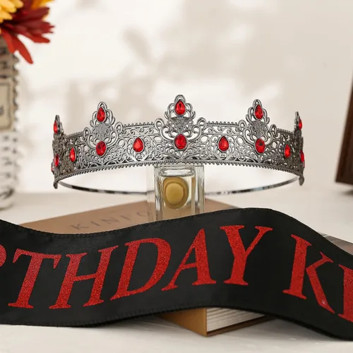 Vista 4 de Corona y banda de cumpleaños, decoración de fiesta de cumpleaños para hombres (negro y rojo)
