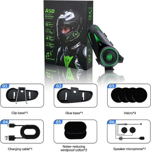 Vista 8 de Auriculares de Casco de Motocicleta Bluetooth con Cancelación de Ruido, Altavoces Inalámbricos para Casco con Luz LED de 4 Colores, Batería