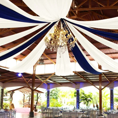 Vista 45 de 6 paneles de cortinas de techo azul bebé para boda, cortinas de techo de 5 pies x 10 pies, tela de drapeado para arco de boda, cortinas