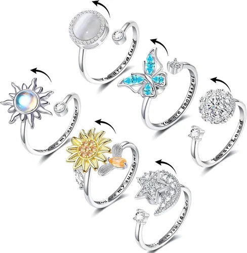 Vista 10 de Honsny Fidget Anxiety Rings for Women Adjustable Spinner Fidget Ring Set A 6 piezas