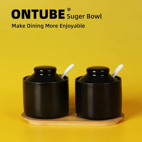 Vista 8 de ONTUBE Azucarero de cerámica con tapa y cuchara, juego de 2, caja de condimentos de porcelana con bandeja, 8 onzas (negro)