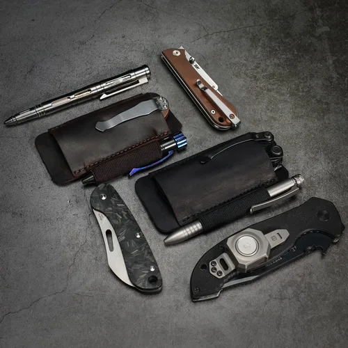 Vista 7 de Funda de cuchillo de cuero VIPERADE PJ33 para cinturón, funda de navaja de bolsillo horizontal con soporte elástico para bolígrafos, funda de Marrón