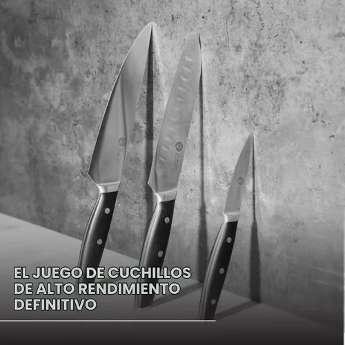 Vista 3 de MasterChef Juego de cuchillos de chef de 3 piezas de calidad profesional (chef, Santoku y de pelar) para cocina casera de precisión, hojas de acero
