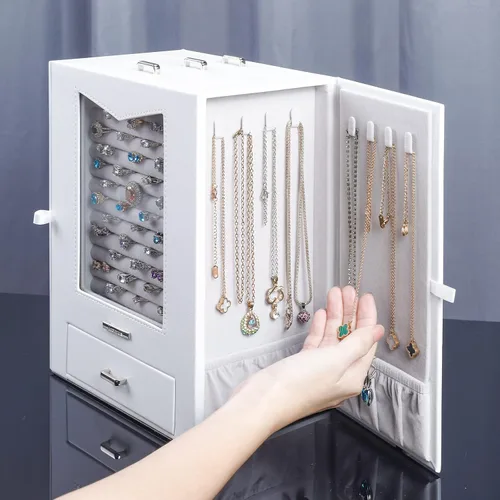 Vista 8 de Homde Organizador de joyas con ganchos de ventana de cristal real, regalo para mujeres, caja de joyería para collares, anillos, aretes, pulseras