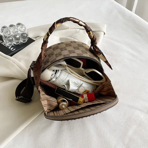 Vista 4 de Bolso vintage para mujer, bolso cruzado redondo con un hombro, bolso circular de gran capacidad, bolso diario para mujeres y niñas (marrón)