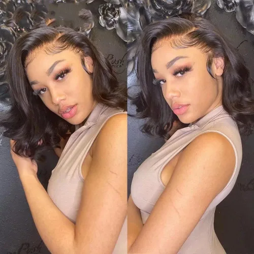Vista 4 de Peluca de cabello humano corto ondulado con encaje frontal transparente HD de 13 x 6 pulgadas, con nudos blanqueados, sin pegamento, para mujeres, 8
