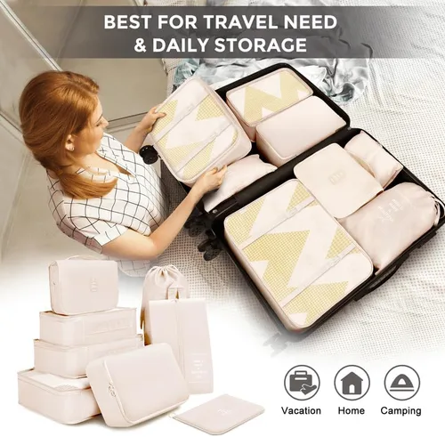 Vista 6 de MURISE Cubos de equipaje para viajes, 8 bolsas organizadoras de maleta para artículos esenciales de viaje, juego organizador de equipaje duradero