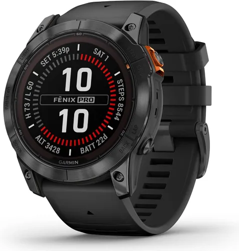 Vista 2 de Garmin Fenix 7X Pro Solar (Slate/Negro) Multisport GPS Smartwatch Caja de regalo – Entrenamiento, seguimiento del sueño/salud – Incluye protectores