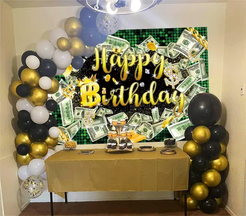 Vista 4 de Fondo de cumpleaños de 5 x 3 pies para fiesta de dinero, fondo de billetes de dólar, telón de fondo de hip hop, para niños, niñas y hombres
