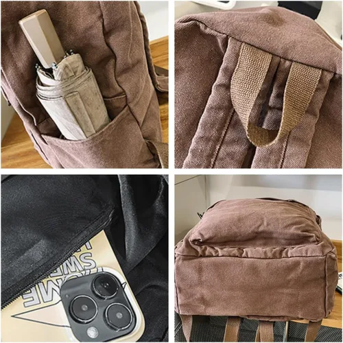 Vista 5 de Mochila de lona para mujeres y hombres, linda mochila vintage para laptop universitaria, hippie, grunge, casual, mochila de viaje, Marrón, Mediana