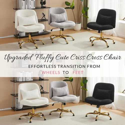 Vista 3 de VINGLI Silla de Oficina Ancha con Patas Cruzadas, Silla de Escritorio Ergonómica Buttprint Cómoda con Almohada y Base Dorada, Doble Uso con/sin
