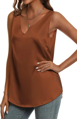 Vista 7 de KYLELOVE Camisetas sin mangas de satén para mujer, de doble capa, sin mangas, cuello en V, camisas de trabajo
