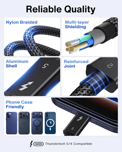 Vista 5 de IVANKY Cable Thunderbolt 5 certificado Intel de 3.3 pies, cable Thunderbolt Negro