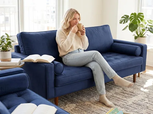 Vista 17 de Container Furniture - Sofá de piel sintética para la sala de estar moderna con cojines extraíbles y patas de madera maciza, sofá estilo lujoso