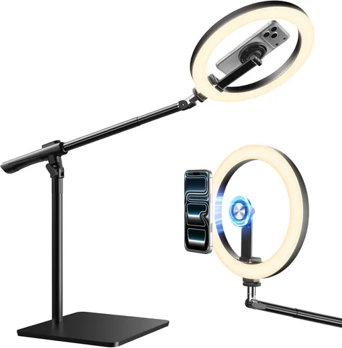 Vista 10 de Anillo de luz con soporte para escritorio, soporte de teléfono superior ajustable con trípode de luz de anillo de 10 pulgadas para iPhone, trípode
