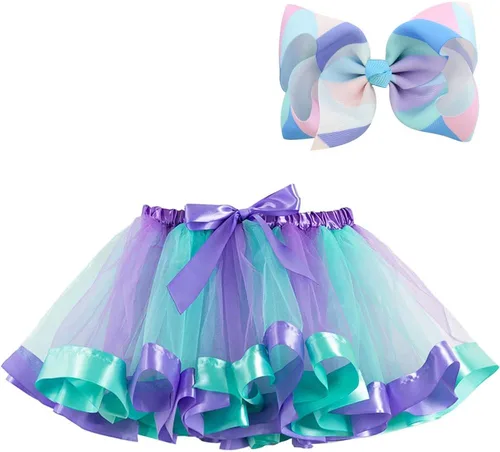 Vista 8 de BGFKS Falda tutú de tul de ballet en capas para niñas pequeñas con lazos coloridos para el cabello Azul