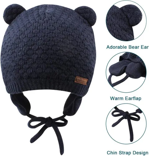 Vista 4 de XIAOHAWANG Gorro de bebé lindo oso para niños pequeños con orejeras cálido para otoño e invierno