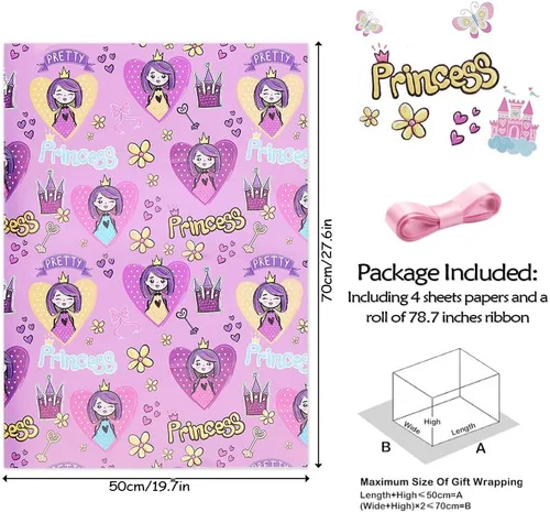 Vista 2 de Geluode Papel de regalo de cumpleaños de princesa para niñas y bebés, bonito diseño de castillo de princesa rosa, papel de regalo para cumpleaños