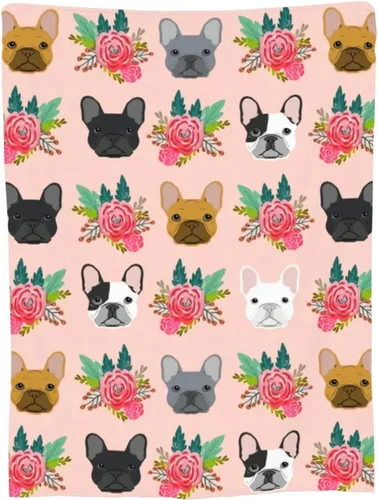 Vista 5 de Bonita manta de bulldog francés con diseño floral, suave y acogedora, manta de franela ligera y cálida de felpa para sofá, camping, oficina, viajes