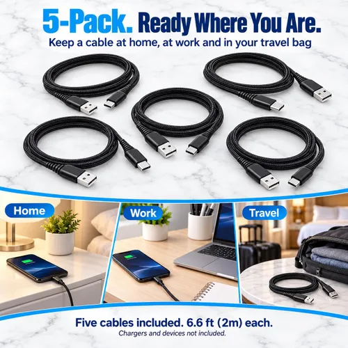 Vista 7 de Paquete de 5 cables USB tipo C [6 pies Carga rápida 3A trenzados] - Cable de carga USB-A a USB-C, compatible con iPhone 17 16 15 Plus Pro Max