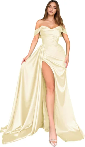Vista 12 de Dream Wedding Vestidos de fiesta de satén con hombros descubiertos con Agua