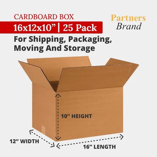 Vista 2 de Partners Brand Cajas de cartón corrugado de 16 x 12 x 10, 16 pulgadas de largo x 12 pulgadas de ancho x 10 pulgadas de alto, paquete de 25 Envío