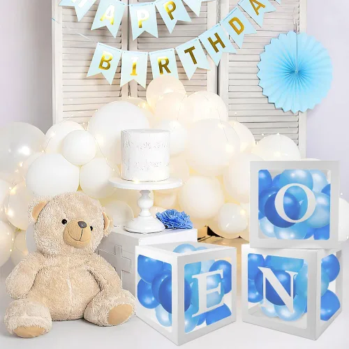 Vista 4 de Decoraciones de primer cumpleaños, 3 cajas de globos para niña o niño, bloques transparentes, decoraciones de fiesta de Pascua