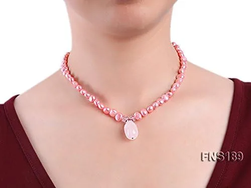 Vista 2 de JYX - Collar con colgante de perlas de 6 a 0.276in, perlas barrocas rosas y cuarzo rosa, 16.5in