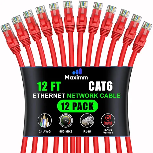Vista 60 de Maximm Cable Ethernet Cat6 de 7 pies, 10 Gbps 550 MHz, negro, paquete de 12