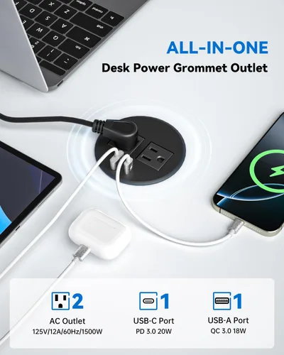 Vista 2 de Ojal de alimentación de escritorio con carga rápida USB C de 20 W, regleta de alimentación empotrada de 3 pulgadas para escritorio, mesas de Negro
