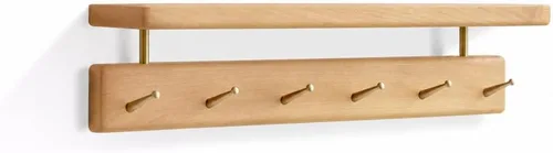Vista 7 de Solid Wood Wall Hooks with Shelf, Coat Rack Wall Mount, Entryway Hanging Shelf with 6 Brass Hooks for Hats, Clothes, Towels, Bags, Beech Wood