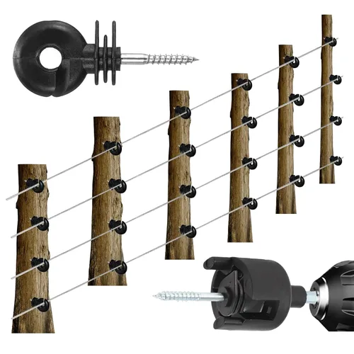 Vista 6 de 100 piezas de aislador eléctrico negro para valla con aislante de rosca, anillo de valla, poste de madera y 1 pieza de herramienta de zócalo