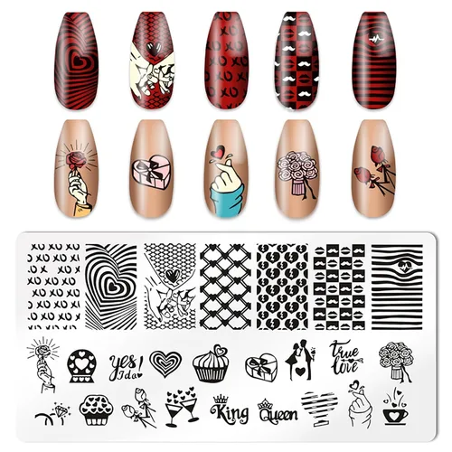 Vista 6 de KAAGEE 5 sellos de uñas para el día de San Valentín con raspador de sellos, estampado de placa de corazón de amor, plantillas románticas, plantilla