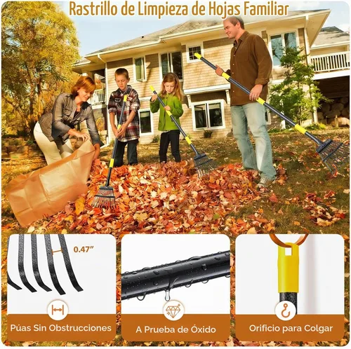 Vista 8 de Rastrillo de hojas de jardín para césped resistente, rastrillo de metal para patio con cabezal pequeño y estrecho de 9 pulgadas, mango largo
