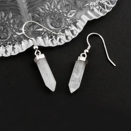Vista 4 de Pendientes colgantes de plata de ley 925 con cuarzo blanco auténtico para mujer