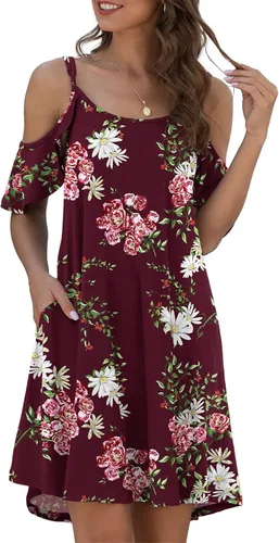 Vista 3 de Jouica Vestido de verano casual con tirantes delgados vestido de verano para mujer hombros descubiertos mangas con volantes y bolsillo
