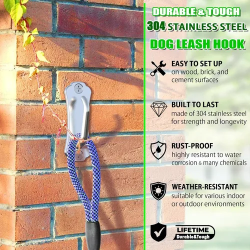 Vista 2 de Gancho de amarre para perros de acero inoxidable, correa de montaje en pared resistente y anclaje de cadena, a prueba de óxido para patio y patio