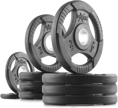 Vista 15 de XMARK TRI-GRIP - Par o juego de discos de peso olímpicos, pesas de ejercicio con revestimiento de goma para barra olímpica, juego de pesas de 01)