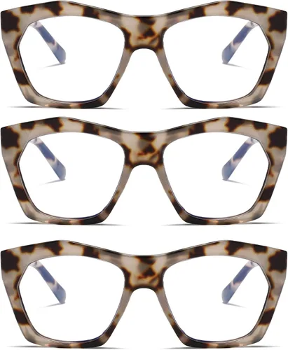 Vista 11 de Viseng Paquete de 3 anteojos de lectura para mujer, diseño de marco, de gran tamaño, bloqueo de luz azul, lector de computadora +0.0 B/3 pares