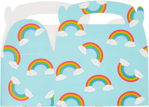 Vista 8 de Blue Panda Paquete de 24 cajas de recuerdos de fiesta a dos aguas de arco iris, caja a dos aguas fácil de desplegar con asa incorporada, bolsas