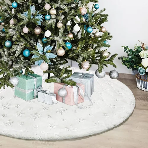 Vista 8 de Dremisland Falda para Árbol de Navidad 36" Grande Blanca y Dorada de Lujo de Piel Sintética con Copitos de Nieve Falda para Árbol Super Suave