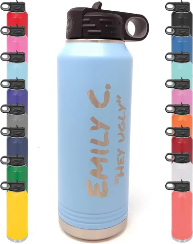Vista 15 de Botella de agua personalizada con recubrimiento en polvo de 32 onzas, de acero inoxidable con doble pared aislada al vacío, grabado personalizado