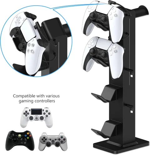 Vista 7 de KAFRI RGB Gaming Headphone Stand with 8 Light Modes, Controller Holder for Desk - with Retractable Charger Cable - 2 Outlet Power & 4 Type-C
