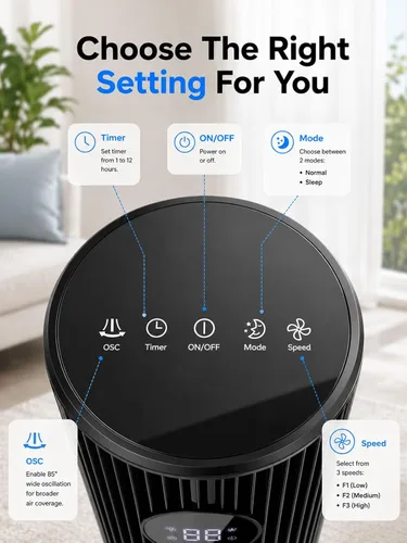 Vista 10 de OSTBA Ventilador de torre de 43 pulgadas para dormitorio, oscilante de 85°