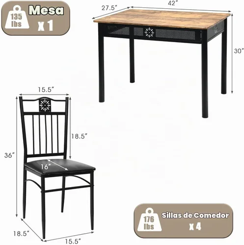 Vista 6 de COSTWAY Juego de mesa de comedor de 5 piezas, juego de mesa de cocina moderno para 4 personas, mesa rectangular de 42 pulgadas con 4 sillas Negro