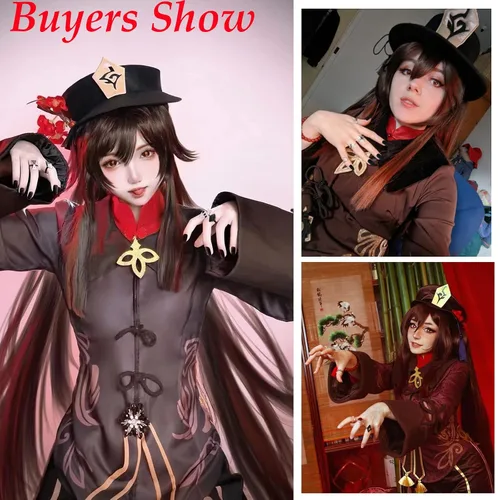 Vista 2 de Hu Tao Peluca larga marrón Hu Tao Cosplay Pelucas + orejas de elfo + redecilla, pelo sintético Hutao para mujeres y niñas con doble cola de caballo