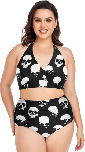 Vista 23 de Bikini de 2 piezas para mujer, talla grande, cintura alta, cuello halter, fruncido, control de abdomen Murciélagos Cruces Estrellas